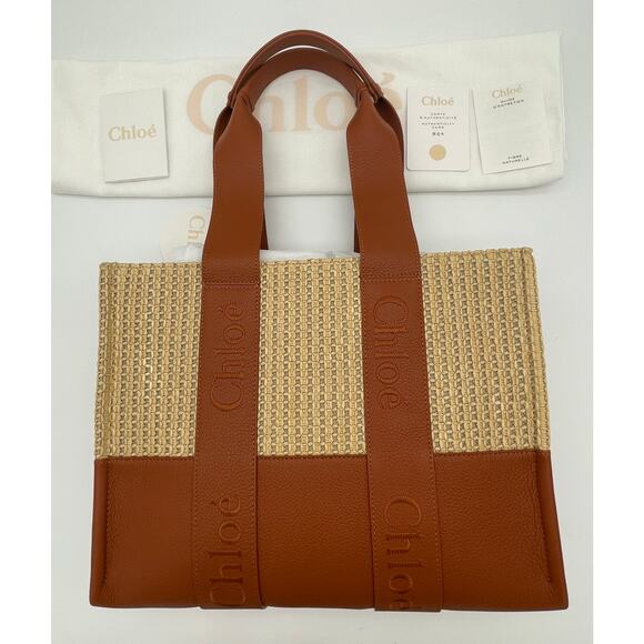 $1950 NEW CHLOE WOODY MEDIUM RAFFIA LEATHER SUMMER TOTE BAG PURSE NWT! - Picture 8 of 13